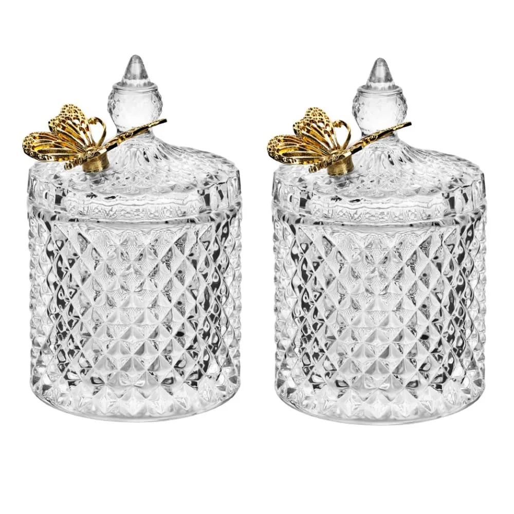 Ezebesta 2Pcs Vintage Bathroom Canisters Cute Butterfly Lids Small Thick Clear Glass Jar Set Qtip Holder Dispenser For Cotton Ba