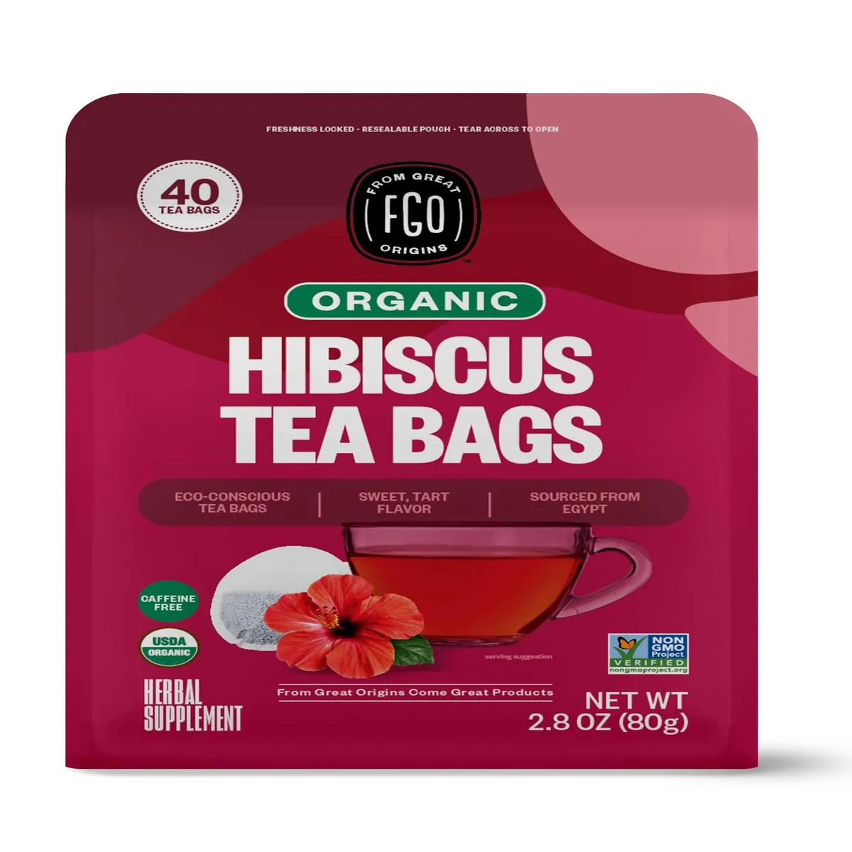 FGO Organic Hibiscus Herbal Tea40 CountEco-Conscious Tea BagsCaffeine Free (Pack of 1)