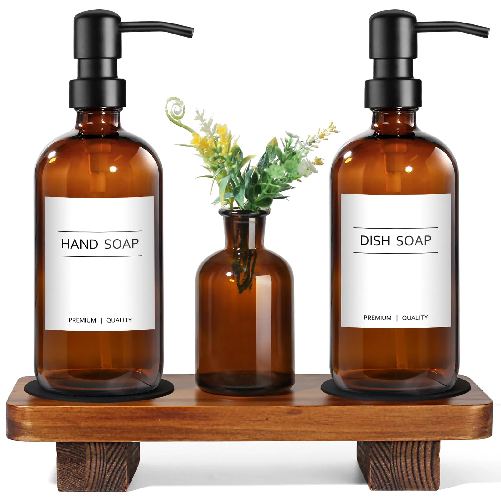 Kasunting Hand And Dish Soap Dispenser Set For Kitchen, Amber Glass Soap Dispenser With Stainless Steel Pump, Kitchen Soap Dispe