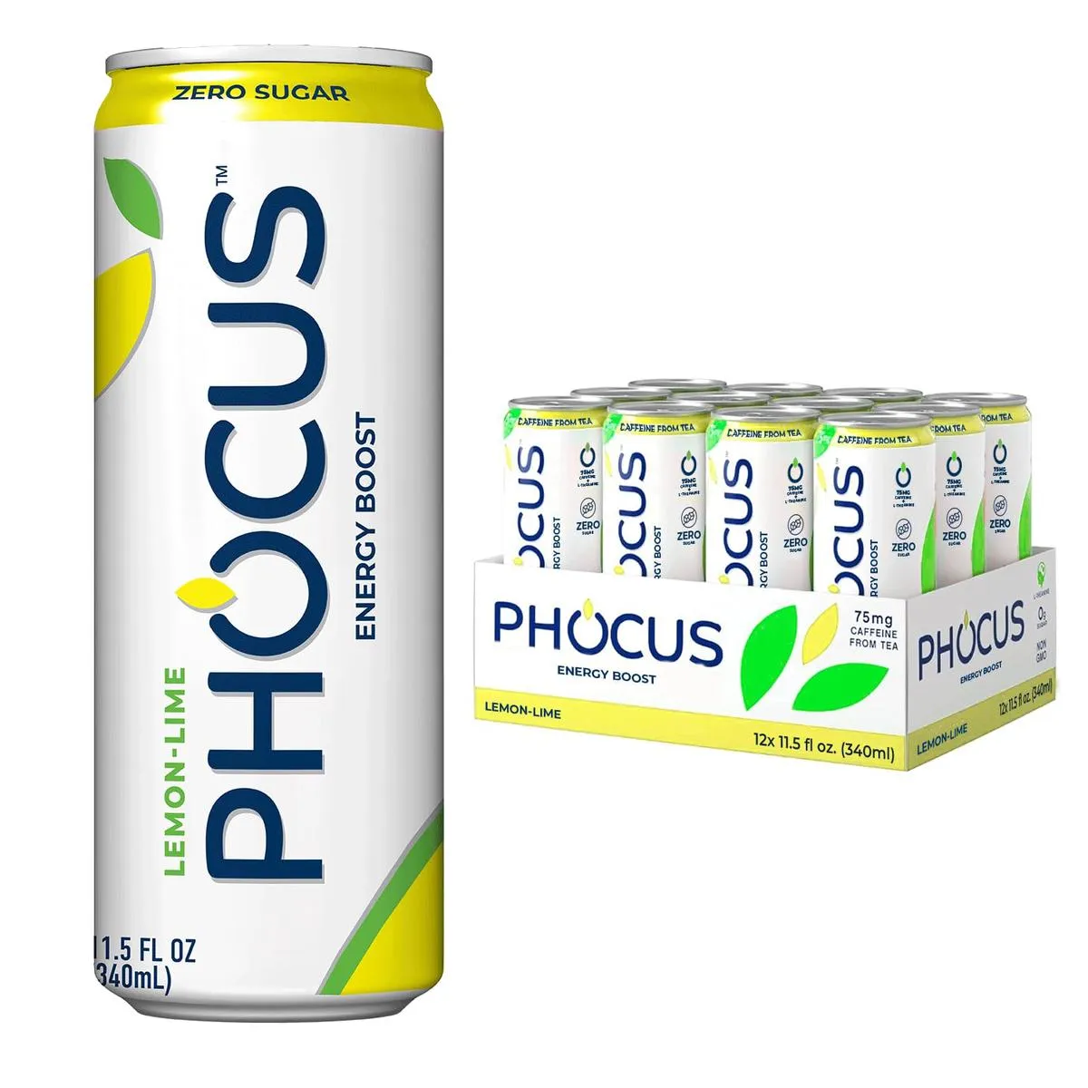 PHOCUS Energy DrinkLemon Lime Sparkling Water75mg Natural Caffeine Plus L-TheanineZero SugarZero CaloriesNo Artificial Sweeteners11.5 fl oz Cans (Pack of 12)